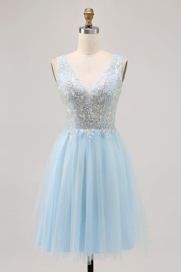 Glitter A Line V Neck Blue Homecoming Dress with Beading